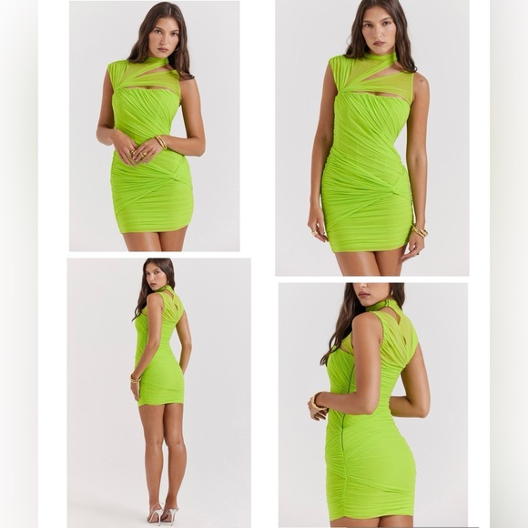 NWT House of CB Adrie Neon Green Gathered Mini Dress Small